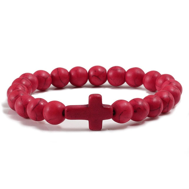 Cross Charm Bracelet Black Lava Stone / Multiple Colors - red