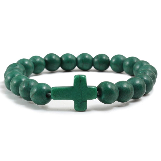 Cross Charm Bracelet Black Lava Stone / Multiple Colors - dark green