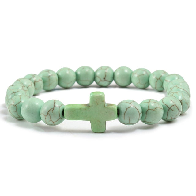 Cross Charm Bracelet Black Lava Stone / Multiple Colors - apple green