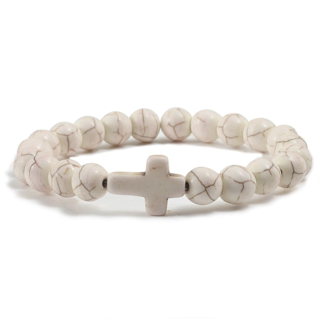 Cross Charm Bracelet Black Lava Stone / Multiple Colors - white pine