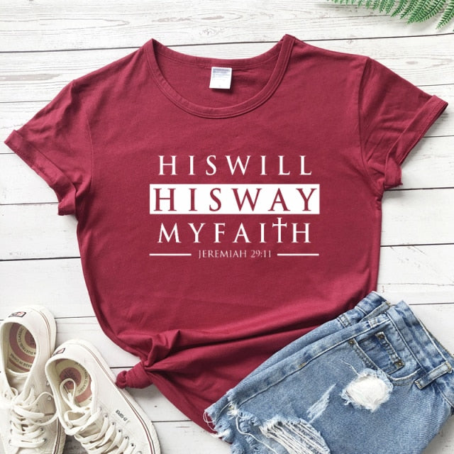 His Will His Way My Faith Jeremiah 29:11 T-Shirt - burgundy-white text / XL / China - burgundy-white text / XXL / China - burgundy-white text / M / China - burgundy-white text / L / China - burgundy-white text / S / China - burgundy-white text / XXXL / China