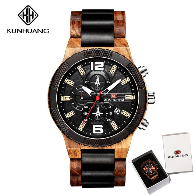 Wood Luxury Luminous Multi-function Quartz Watch - Black Brown With box