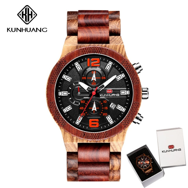 Wood Luxury Luminous Multi-function Quartz Watch - Red Brown With box