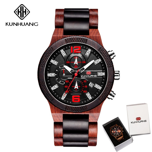 Wood Luxury Luminous Multi-function Quartz Watch - Black Red With box