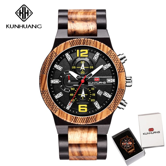 Wood Luxury Luminous Multi-function Quartz Watch - Black yellow (box)