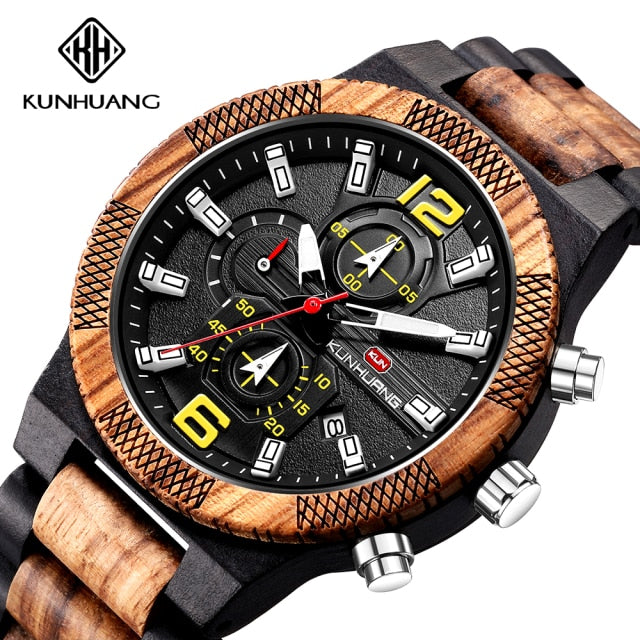 Wood Luxury Luminous Multi-function Quartz Watch - Black yellow Wood