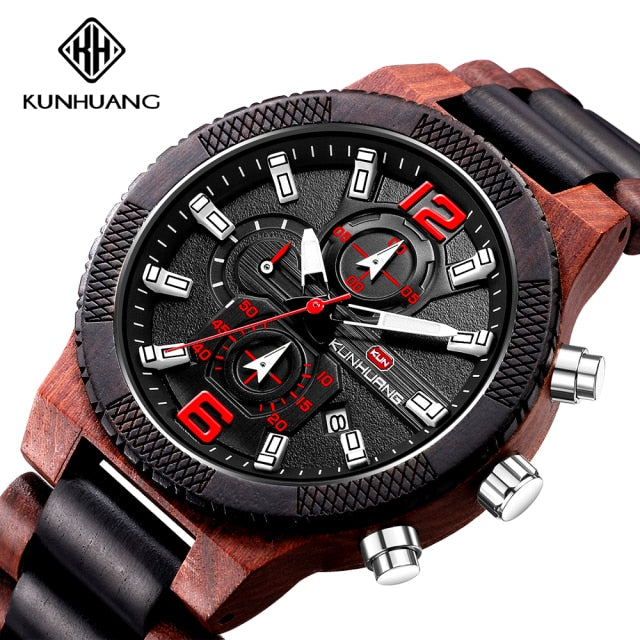 Wood Luxury Luminous Multi-function Quartz Watch - Black Red Wood