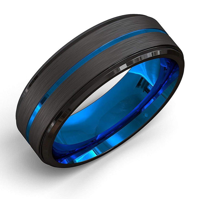 8MM Black Brushed / Blue Groove Wedding Ring