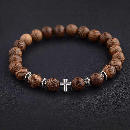 Natural Wood Beads Cross Prayer Bracelets