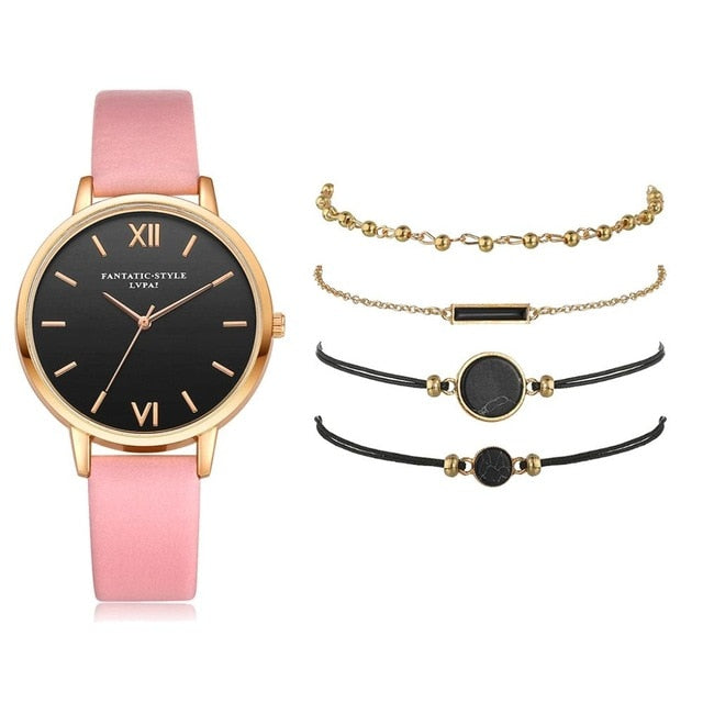 5pcs Set Women's Luxury Quartz Watch / Bracelets - Pink 5pcs Set