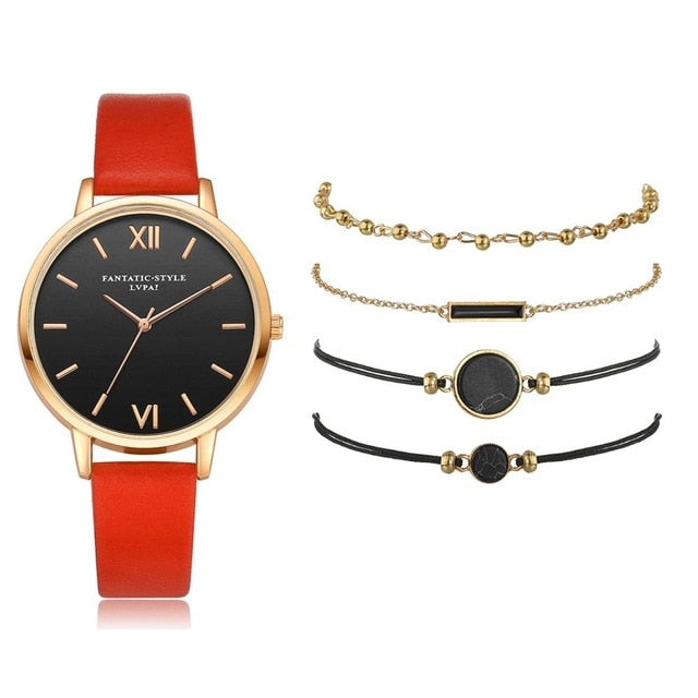 5pcs Set Women's Luxury Quartz Watch / Bracelets - Red 5pcs Set