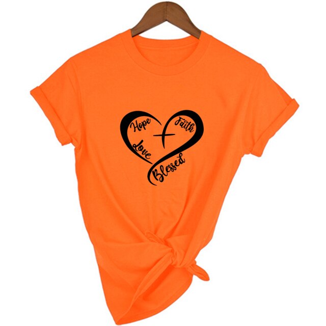 Hope, Faith,  Love, Blessed, Heart T-Shirt - Orange / L - Orange / M - Orange / S - Orange / XXL - Orange / XL