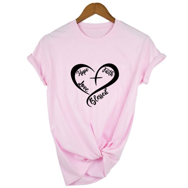 Hope, Faith,  Love, Blessed, Heart T-Shirt - Pink / M - Pink / S - Pink / XXL - Pink / XL - Pink / L