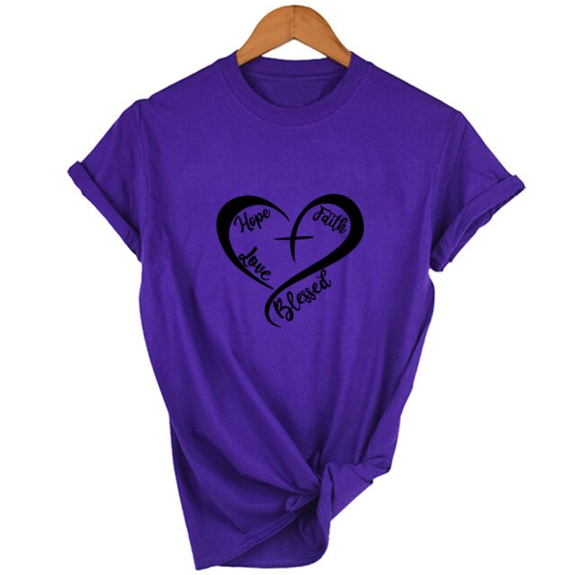 Hope, Faith,  Love, Blessed, Heart T-Shirt - Purple / S - Purple / XXL - Purple / XL - Purple / L - Purple / M