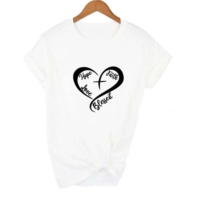 Hope, Faith,  Love, Blessed, Heart T-Shirt - White / L - White / M - White / S - White / XXL - White / XL