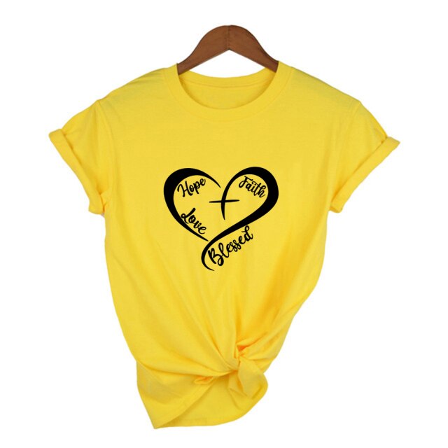 Hope, Faith,  Love, Blessed, Heart T-Shirt - Yellow / M - Yellow / S - Yellow / XXL - Yellow / XL - Yellow / L