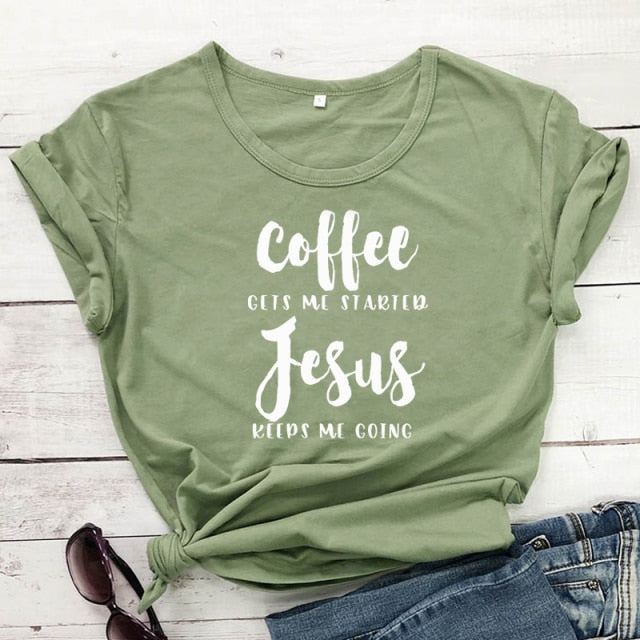 Coffee & Jesus Women’s T-Shirt - olive-white text / XXL - olive-white text / XXXL - olive-white text / L - olive-white text / XL - olive-white text / S - olive-white text / M