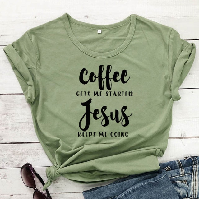 Coffee & Jesus Women’s T-Shirt - olive-black text / L - olive-black text / S - olive-black text / XXL - olive-black text / M - olive-black text / XL - olive-black text / XXXL