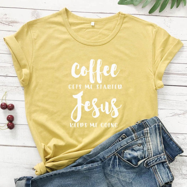 Coffee & Jesus Women’s T-Shirt - mustard-white text / XXL - mustard-white text / XXXL - mustard-white text / L - mustard-white text / XL