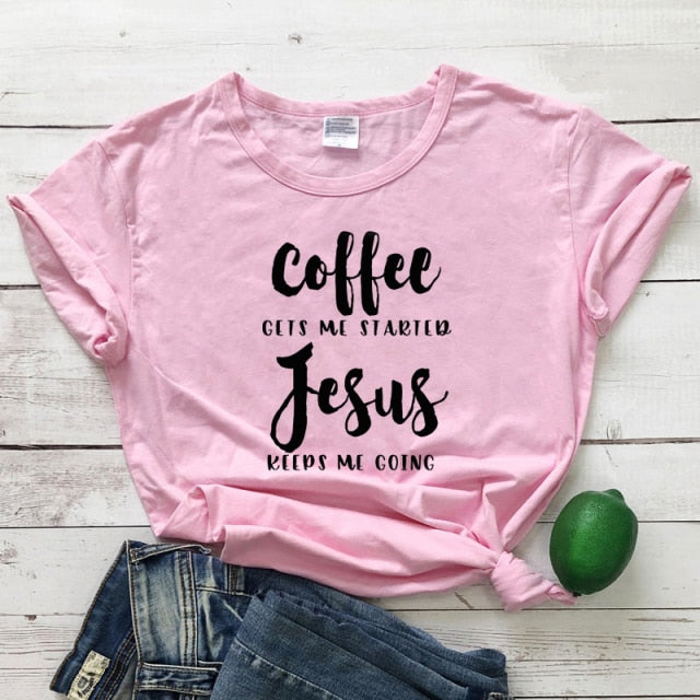 Coffee & Jesus Women’s T-Shirt - pink-black text / L - pink-black text / S - pink-black text / XXL - pink-black text / M - pink-black text / XL - pink-black text / XXXL