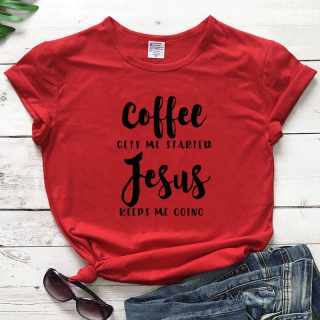 Coffee & Jesus Women’s T-Shirt - red-black text / L - red-black text / S - red-black text / XXL - red-black text / M - red-black text / XL - red-black text / XXXL