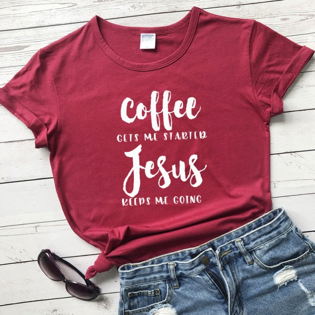 Coffee & Jesus Women’s T-Shirt - burgundy-white text / S - burgundy-white text / M - burgundy-white text / XXL - burgundy-white text / XXXL - burgundy-white text / L - burgundy-white text / XL