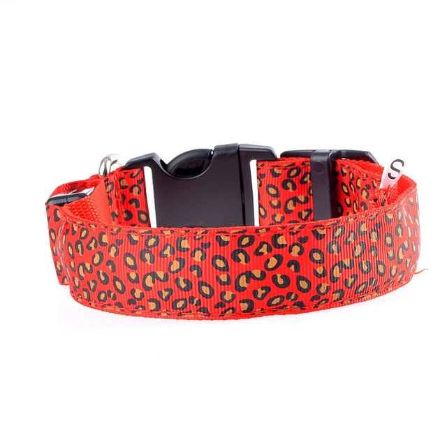 Leopard Print LED Dog Collar - Red / XS 28-38cm - Red / S 35-43cm - Red / M 40-48cm - Red / L 45-52cm - Red / XL 52-60cm