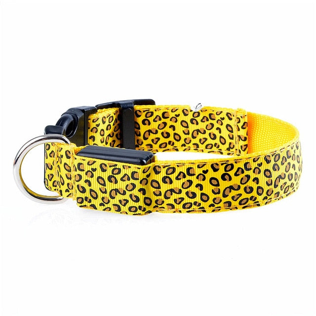 Leopard Print LED Dog Collar - Yellow / XS 28-38cm - Yellow / S 35-43cm - Yellow / M 40-48cm - Yellow / L 45-52cm - Yellow / XL 52-60cm