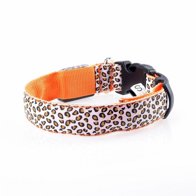 Leopard Print LED Dog Collar - Orange / XS 28-38cm - Orange / M 40-48cm - Orange / L 45-52cm - Orange / XL 52-60cm