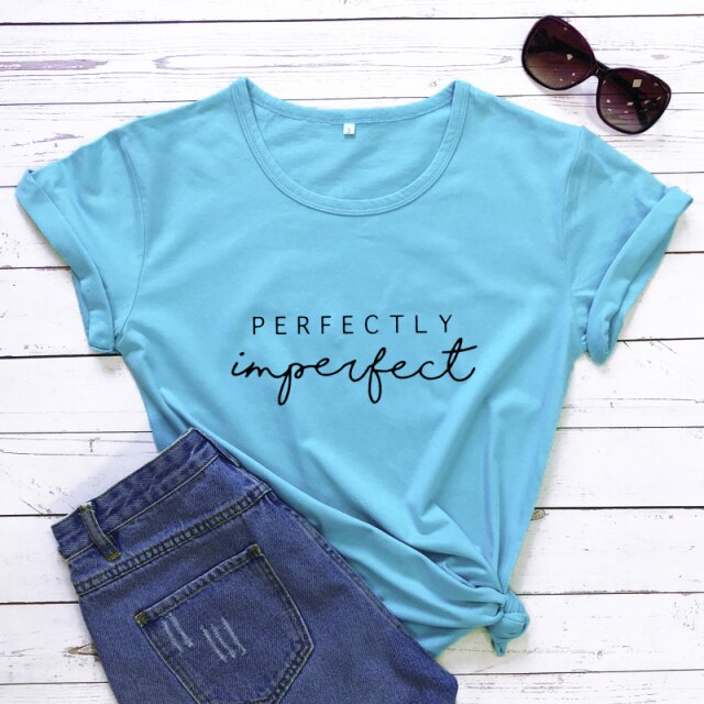 Perfectly Imperfect Women’s Inspirational T-shirt - sky blue-black text / XXL - sky blue-black text / XL - sky blue-black text / XXXL - sky blue-black text / S - sky blue-black text / L - sky blue-black text / M