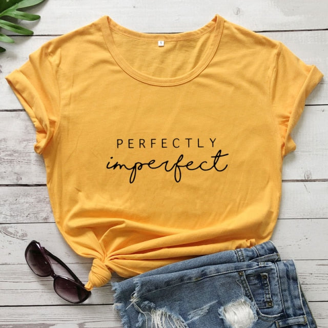 Perfectly Imperfect Women’s Inspirational T-shirt - yellow-black text / L - yellow-black text / M - yellow-black text / XXL - yellow-black text / XL - yellow-black text / S - yellow-black text / XXXL