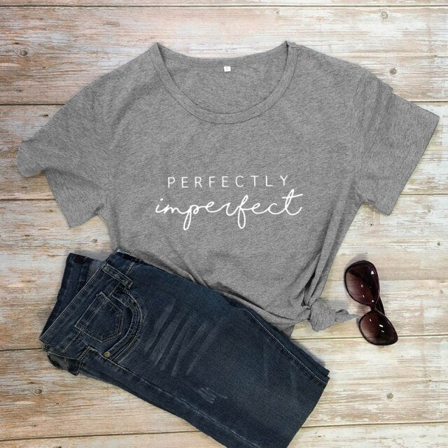 Perfectly Imperfect Women’s Inspirational T-shirt - dark gray-white text / S - dark gray-white text / XXXL - dark gray-white text / L - dark gray-white text / M - dark gray-white text / XXL - dark gray-white text / XL