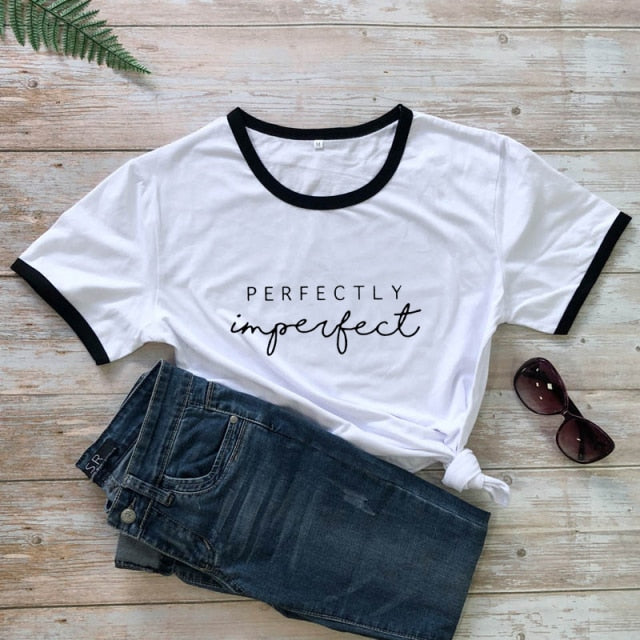 Perfectly Imperfect Women’s Inspirational T-shirt - black edge-black txt / L - black edge-black txt / M - black edge-black txt / XXL - black edge-black txt / XL - black edge-black txt / S - black edge-black txt / XXXL