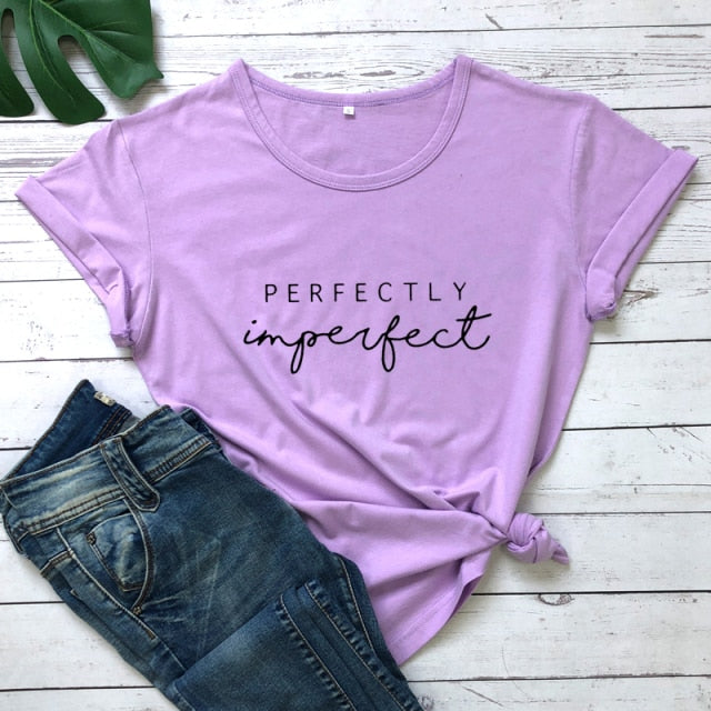 Perfectly Imperfect Women’s Inspirational T-shirt - purple-black text / S - purple-black text / L - purple-black text / M - purple-black text / XXL - purple-black text / XL - purple-black text / XXXL