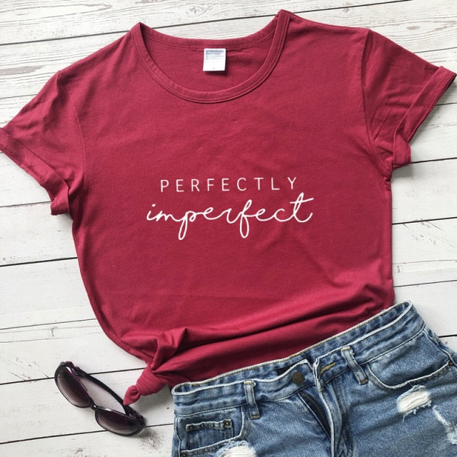 Perfectly Imperfect Women’s Inspirational T-shirt - burgundy-white text / S - burgundy-white text / L - burgundy-white text / M - burgundy-white text / XXL - burgundy-white text / XL - burgundy-white text / XXXL