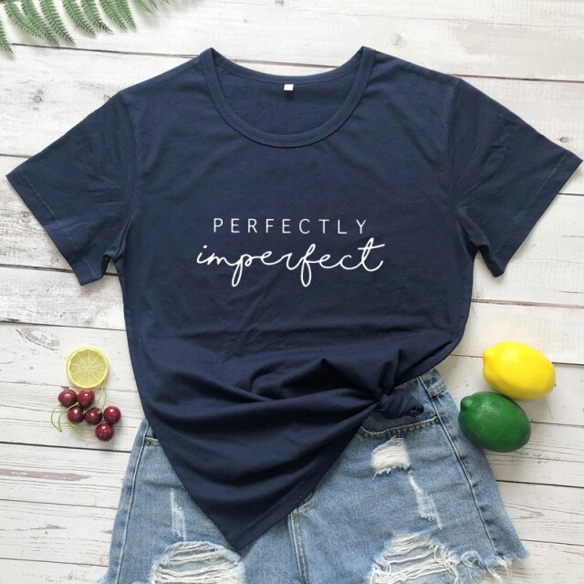 Perfectly Imperfect Women’s Inspirational T-shirt - navy blue-white text / L - navy blue-white text / M - navy blue-white text / XXL - navy blue-white text / XL - navy blue-white text / S - navy blue-white text / XXXL