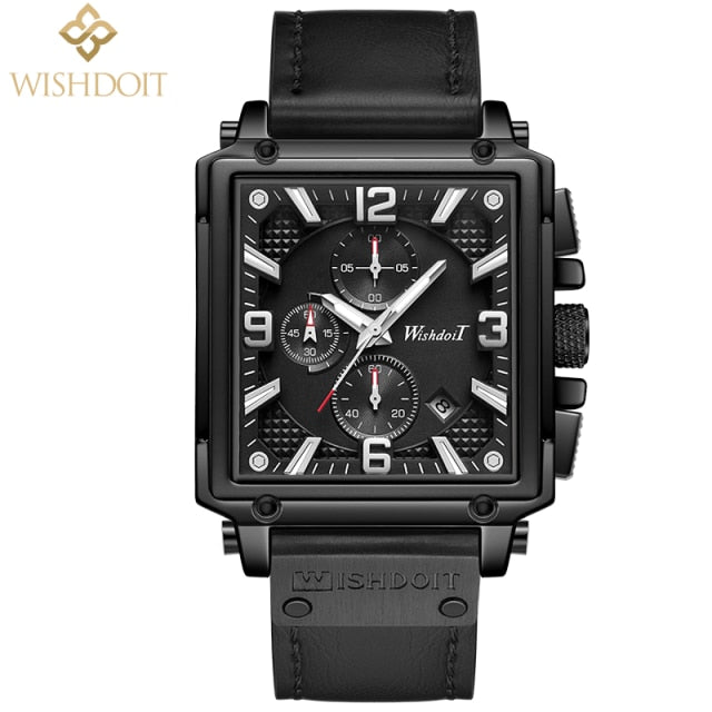 New Luxury Watch with Leather Strap - All black silver / China