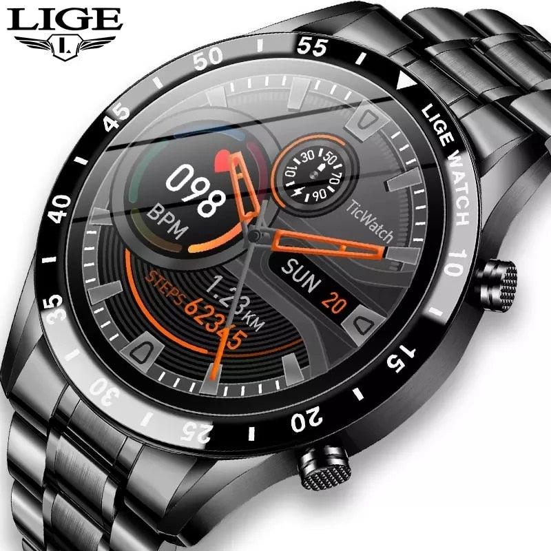 LIGE 2021 Touch Screen Steel Band Luxury Bluetooth Smart Watch