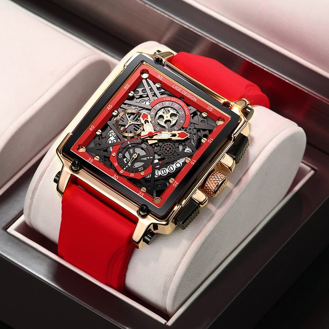 LIGE Luxury Square Watch - Gold red