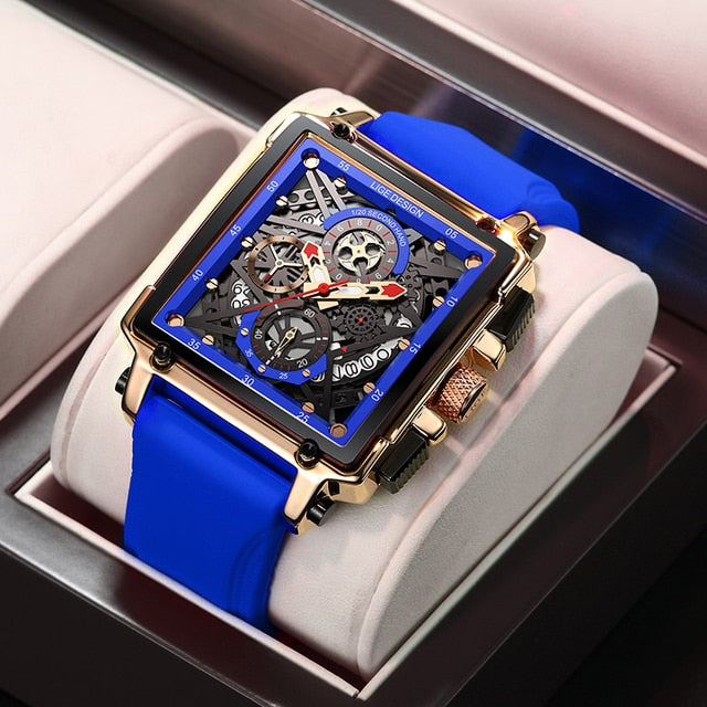 LIGE Luxury Square Watch - Gold blue