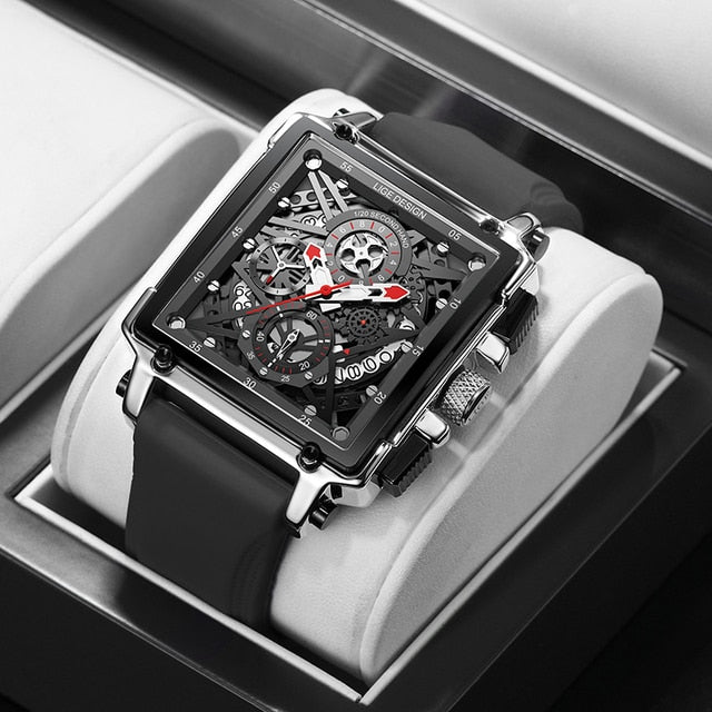 LIGE Luxury Square Watch - Silver black