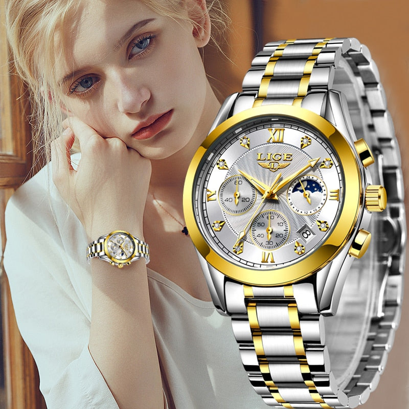 LIGE 2021 New Gold Watch Women