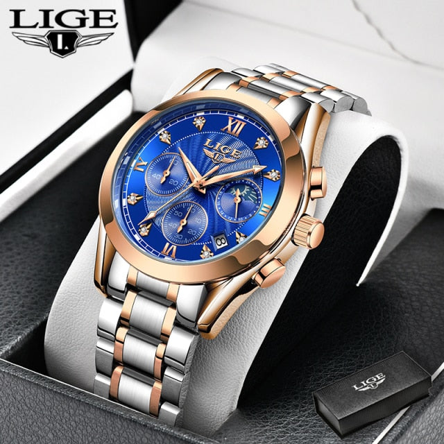 LIGE 2021 New Gold Watch Women - Rose Gold Blue / China