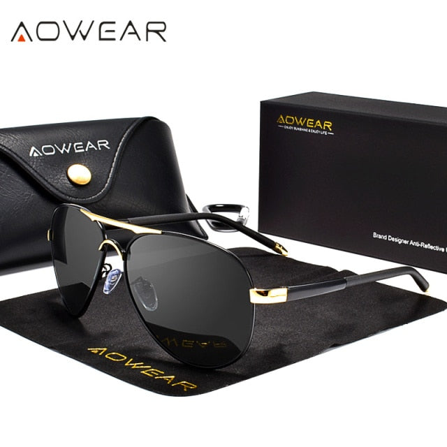 AOWEAR Men's Aviation Polarized Sunglasses - 8503 Gold Black / AOWEAR