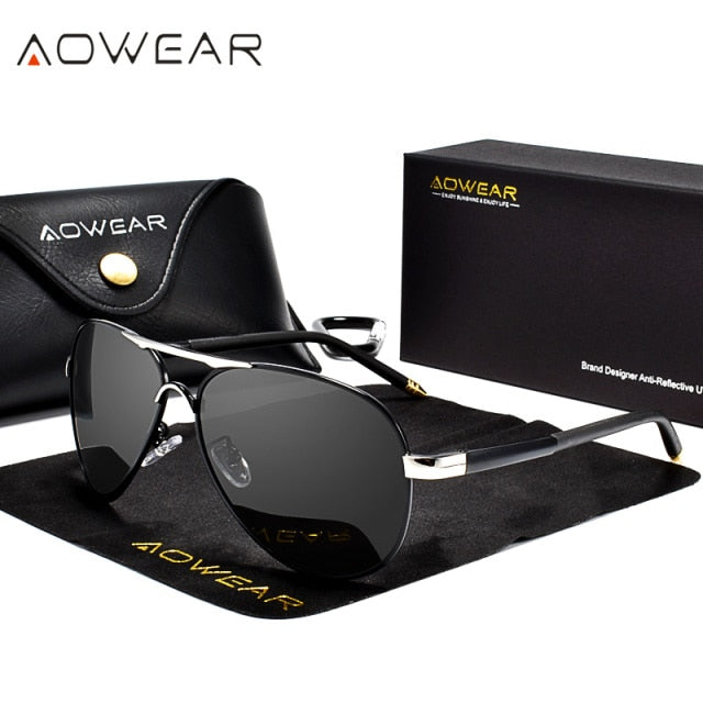 AOWEAR Men's Aviation Polarized Sunglasses - 8503 Silver Black / AOWEAR