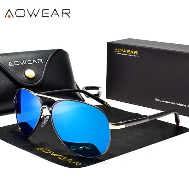 AOWEAR Men's Aviation Polarized Sunglasses - 8503 Silver Blue / AOWEAR