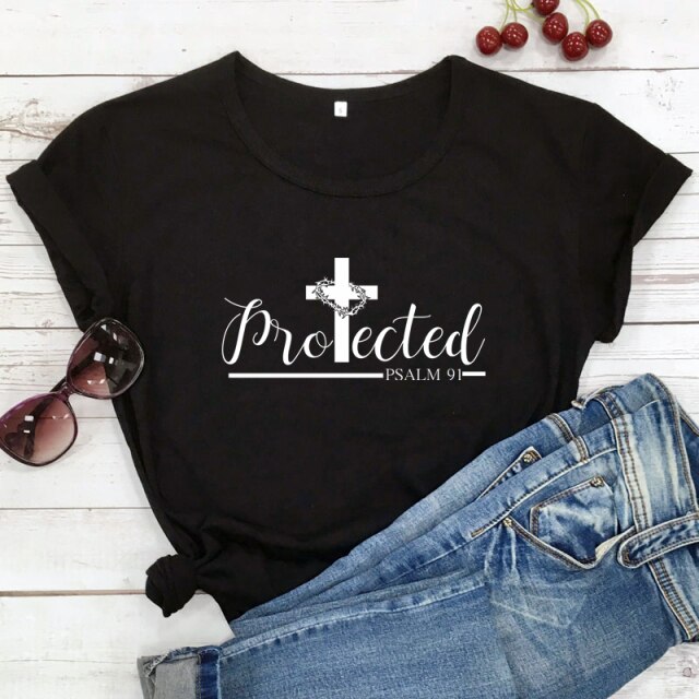 Protected Psalm 91 Women’s T-Shirt - black-white text / L - black-white text / XL - black-white text / XXL - black-white text / XXXL