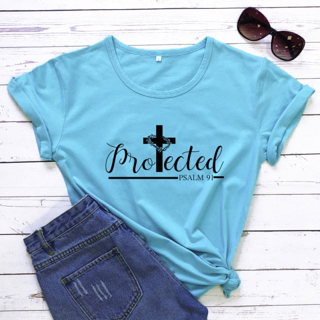 Protected Psalm 91 Women’s T-Shirt - sky blue-black text / XXL - sky blue-black text / XXXL - sky blue-black text / S - sky blue-black text / M - sky blue-black text / L - sky blue-black text / XL