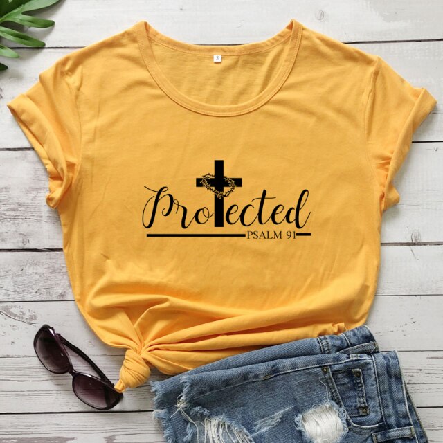 Protected Psalm 91 Women’s T-Shirt - yellow-black text / S - yellow-black text / M - yellow-black text / L - yellow-black text / XL - yellow-black text / XXL - yellow-black text / XXXL