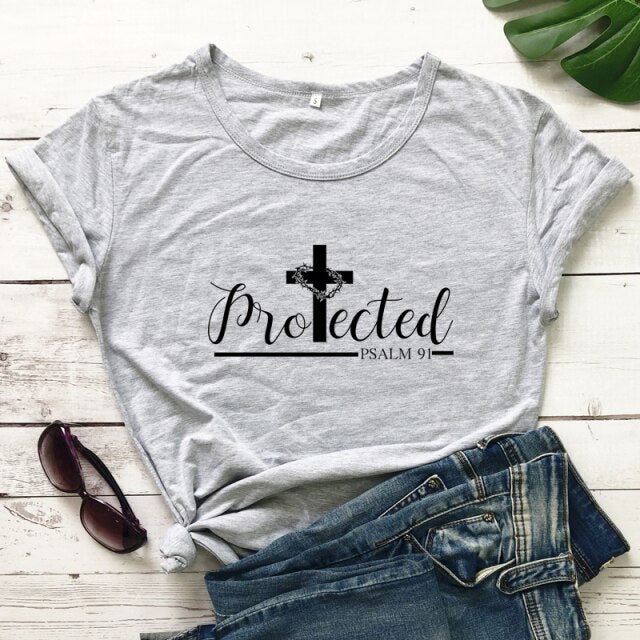 Protected Psalm 91 Women’s T-Shirt - gray-black text / S - gray-black text / M - gray-black text / L - gray-black text / XL - gray-black text / XXL - gray-black text / XXXL